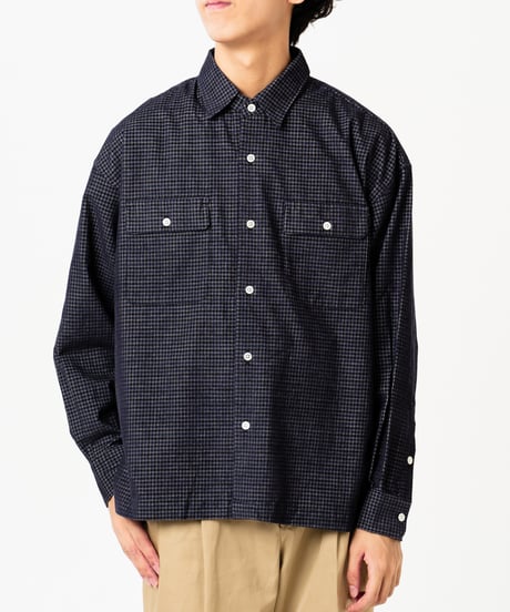 #-43 2way detachable collar corduroy check shirt（Navy）