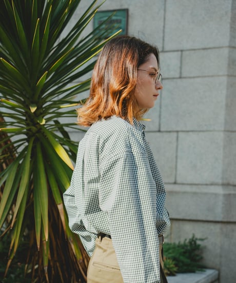 #-34 2way detachable collar gingham check shirt (Green)
