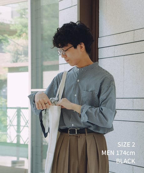 #-34 2way detachable collar gingham check shirt (Black)