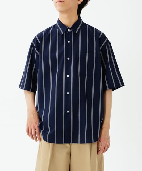#-61 2way detachable collar short sleeve stripe shirt (Navy)