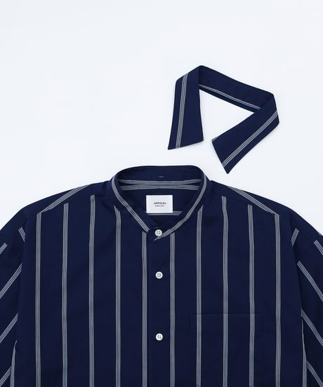#-61 2way detachable collar short sleeve stripe shirt (Navy)