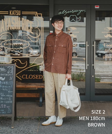 #-43 2way detachable collar corduroy check shirt（Brown）