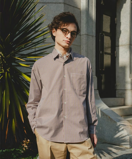 #-34 2way detachable collar gingham check shirt (Brown)
