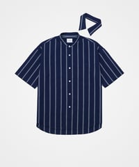 #-61 2way detachable collar short sleeve stripe shirt (Navy)