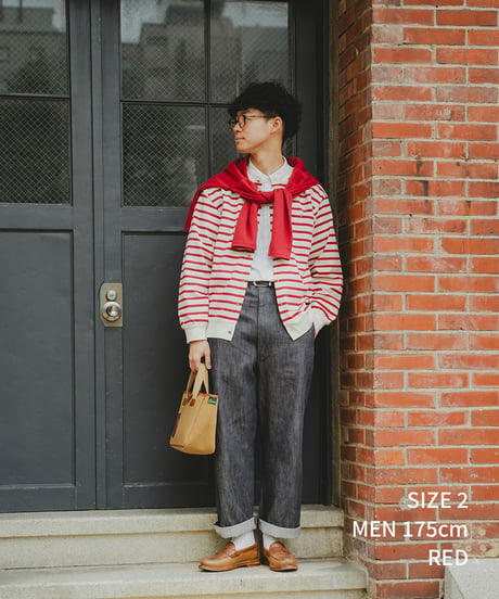 #-19 Heavy weight border cardigan (Red)