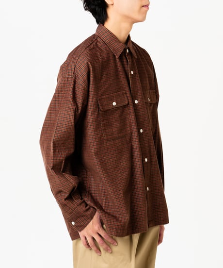 #-43 2way detachable collar corduroy check shirt（Brown）