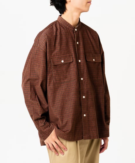 #-43 2way detachable collar corduroy check shirt（Brown）