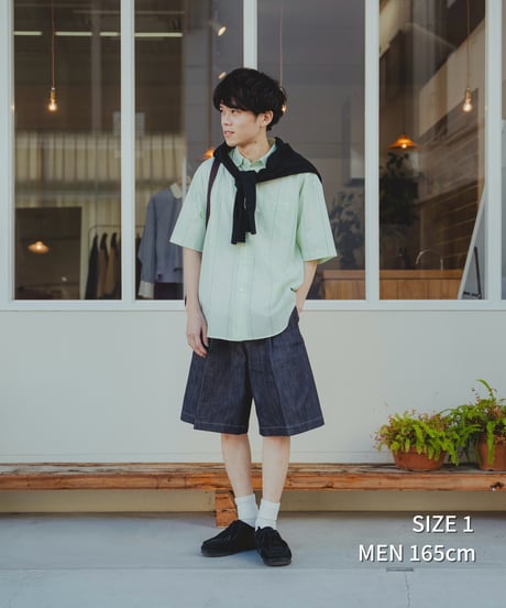 #-61 2way detachable collar short sleeve stripe shirt (Green)