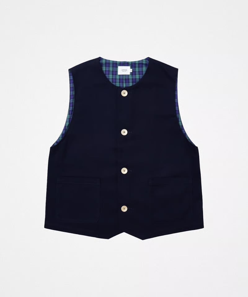 UNFOLK ベスト ネイビー チェック裏地 48 Peach brushed classic vest (Navy) | UNFOLK