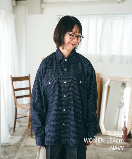 #-43 2way detachable collar corduroy check shirt（Navy）