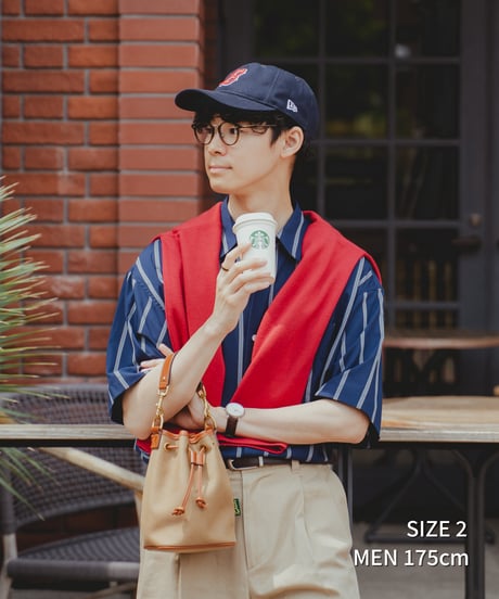 #-61 2way detachable collar short sleeve stripe shirt (Navy)