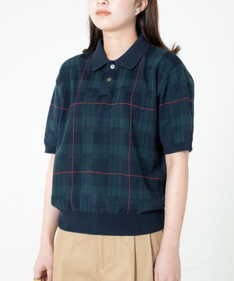#-82 14G tartan check cotton knit polo (Green)