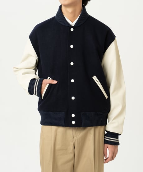 #-50 Wool melton relax varsity jacket (Navy)