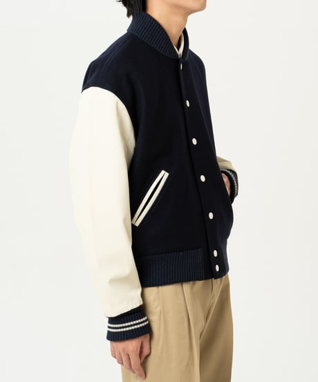 #-50 Wool melton relax varsity jacket (Navy)