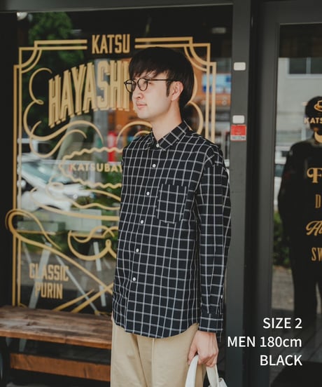 #-42 2way detachable collar windowpane check shirt (Black)