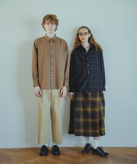 #-66 2way detachable collar wool check shirt (Brown)