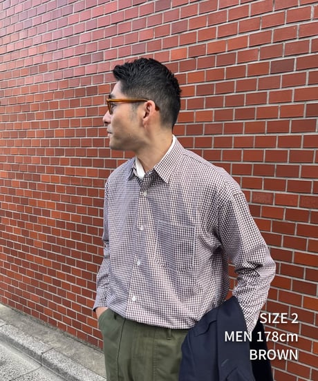 #-34 2way detachable collar gingham check shirt (Brown)