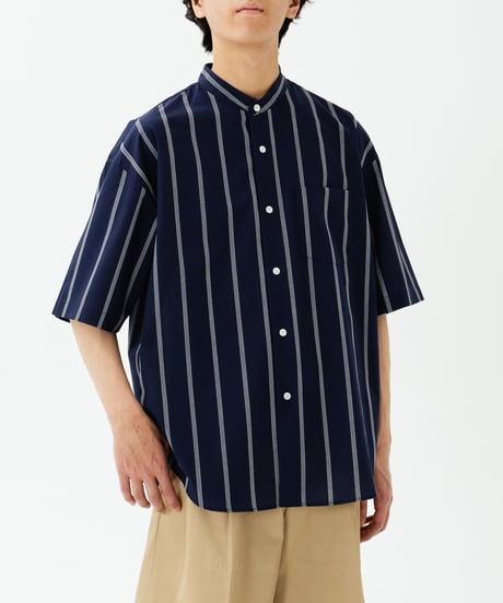 #-61 2way detachable collar short sleeve stripe shirt (Navy)