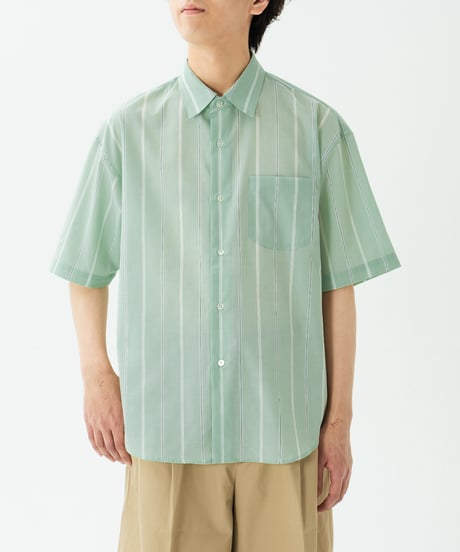 #-61 2way detachable collar short sleeve stripe shirt (Green)