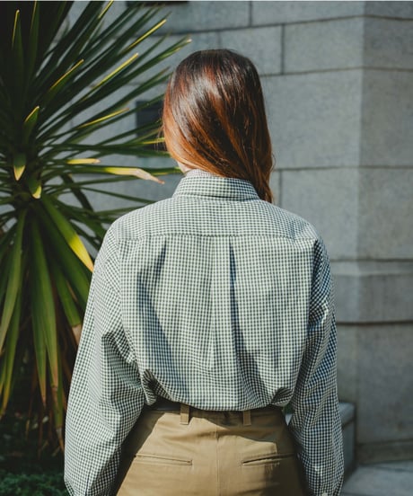 #-34 2way detachable collar gingham check shirt (Green)