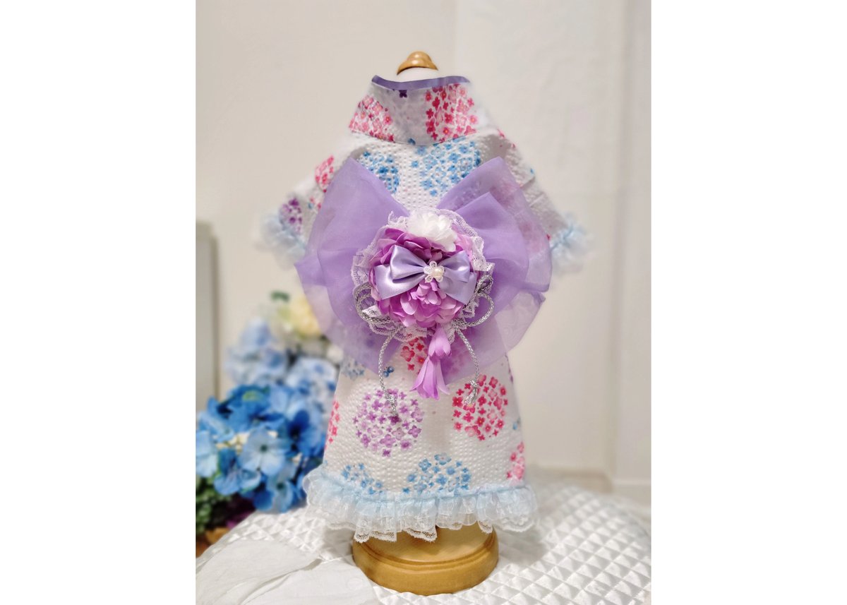 猫用・女の子浴衣ꕤ紫陽花‪ ‪‎🤍白〈サイズ選べます〉 | Nekoribbon‬‬