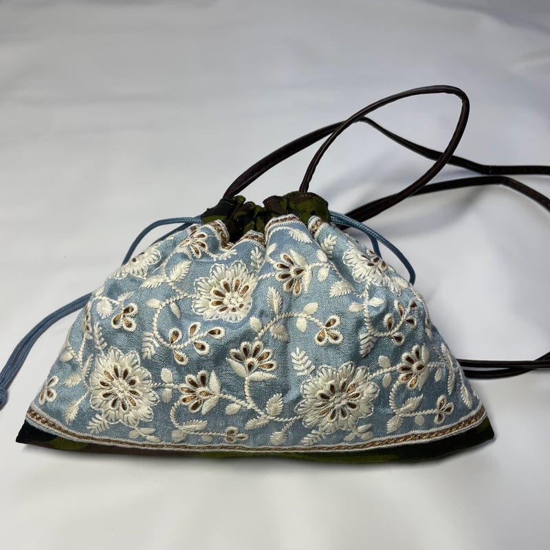 サコッシュ&巾着 2way ショルダーバッグ (インド刺繍ブレード×カモフラ