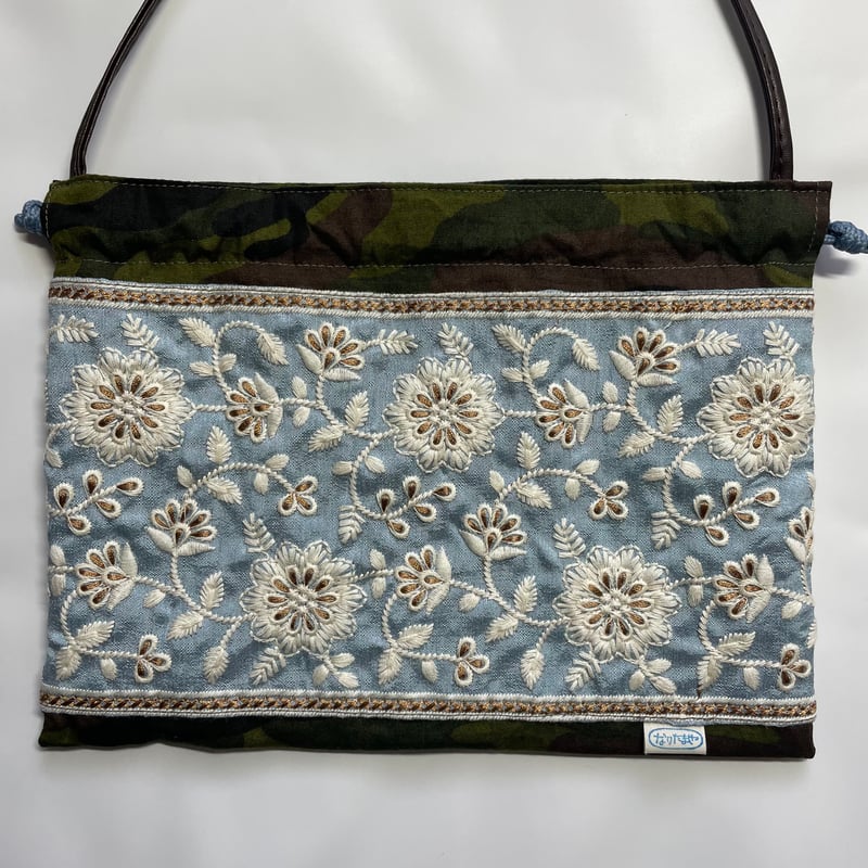 サコッシュ&巾着 2way ショルダーバッグ (インド刺繍ブレード×カモフラ