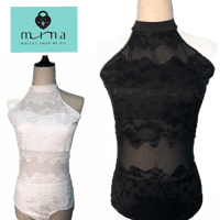 ハイネック水色 花柄レオタードLサイズ(AL1028BL) MI-NA》ハイネック水色 花柄レオタードガールズ/女性(AL1028BL