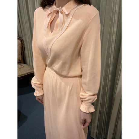 〈vintage〉salmon orange shirring switching onepiece