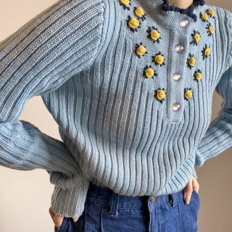 〈vintage〉 yellow rose embroidery knit