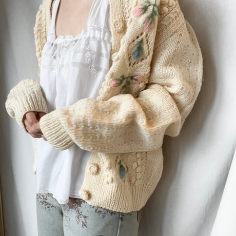 〈vintage〉made in England / mohair embroidery cable knit cardigan