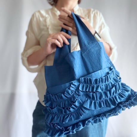 shirring pocket cotton bag (ink blue)