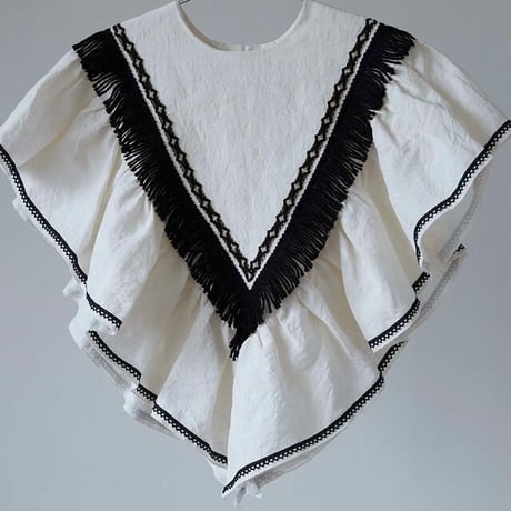 European linen scarf collar white (black fringe)