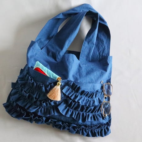 shirring pocket cotton bag (ink blue)