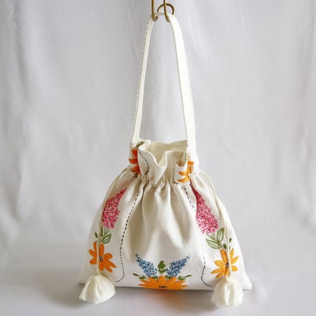 "upcycle" vintage embroidery drawstring bag