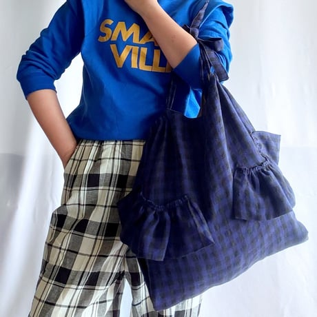 italian linen gingham check  bag (blue)