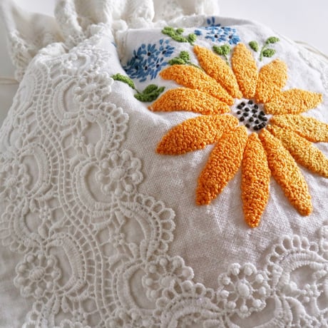 "upcycle" vintage embroidery drawstring bag