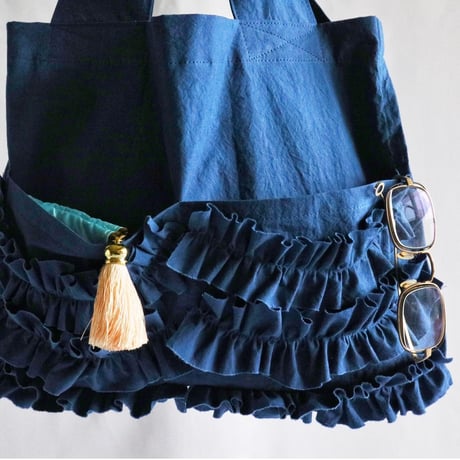 shirring pocket cotton bag (ink blue)