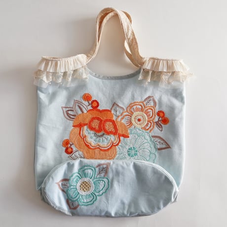 "upcycle" vintage embroidery bucket bag  (mint blue)