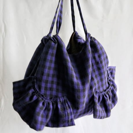 italian linen gingham check  bag (blue)