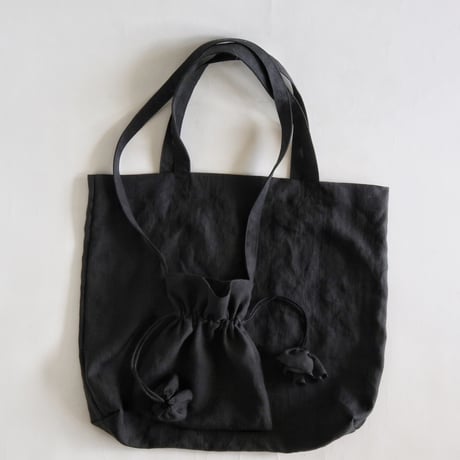 linen tote bag & linen drawstring  shoulder bag  (black)