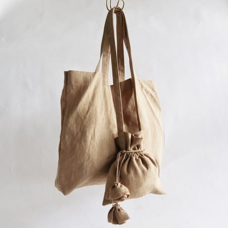 linen tote bag & linen drawstring  shoulder bag ( beige)
