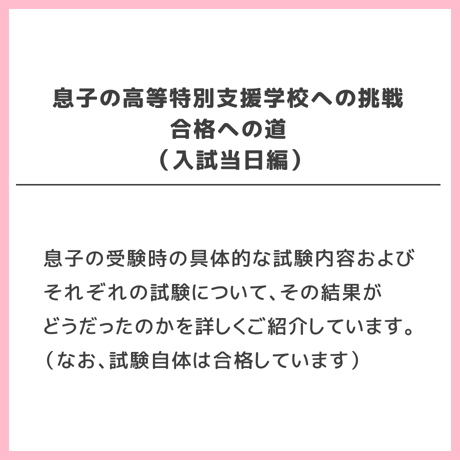 【 ダウンロード商品（高等特別支援学校のお受験対策マニュアル単品販売）】PDF書籍『息子の高等特別支援学校への挑戦　合格への道（具体的な受験対策編・事前準備編③）/（入試当日編）』
