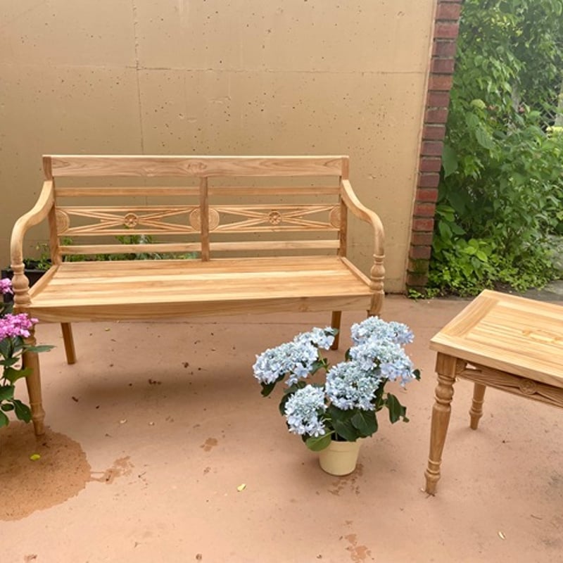 ハンドメイド ２人掛けベンチ (チーク色) チーク材ファニチャー マラッカベンチ120cm（2人掛け） | BARAKURA
