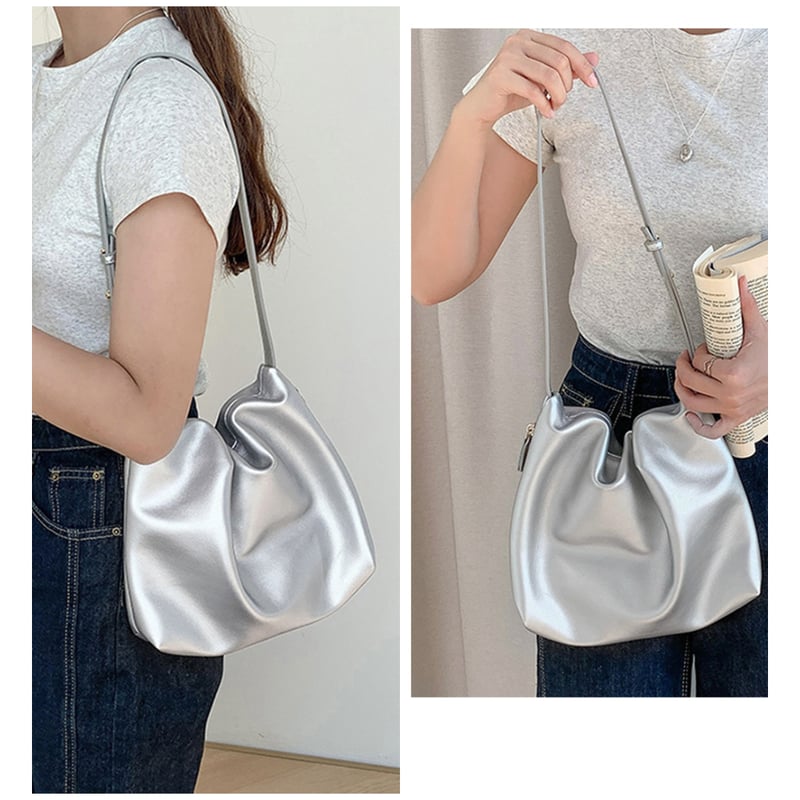 シルバー ギャザー付きショルダーバッグ 韓国風ギャザーショルダーバッグ | Bagoodtimeshop