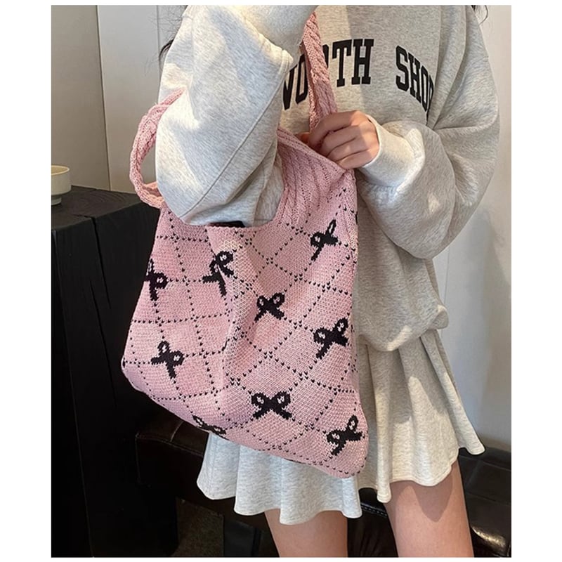 リボン柄ニットトートバッグ | Bagoodtimeshop
