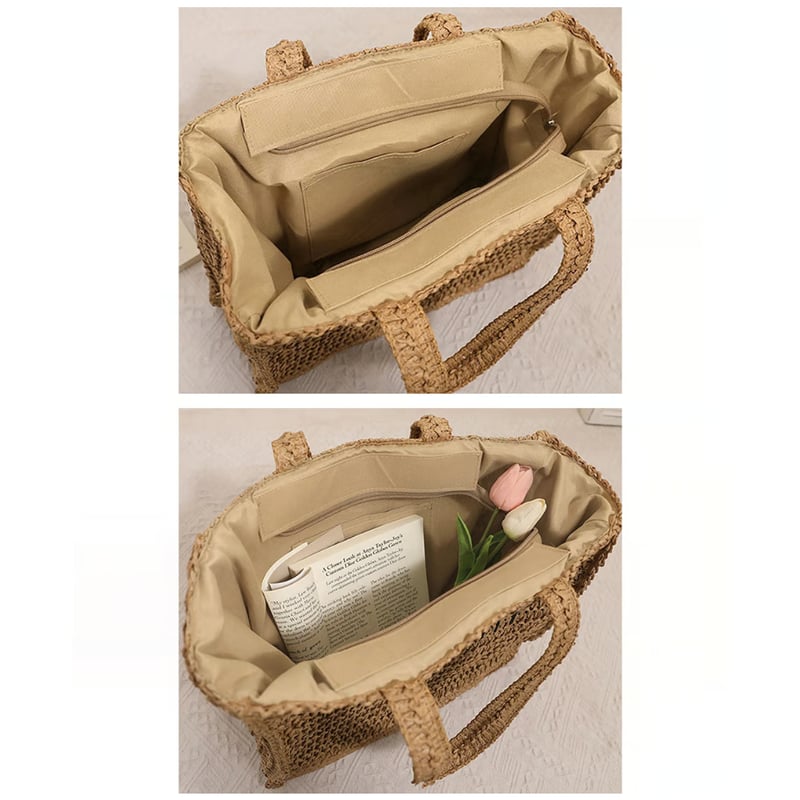 ベージュ ストロー トートバッグ タッセル付き 韓国風ストロートートバッグ | Bagoodtimeshop