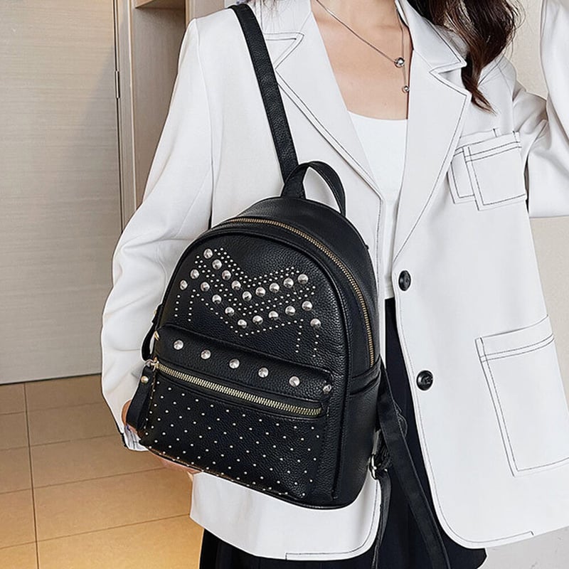 黒レザー スタッズ付きリュック スタッズ フェイクレザーリュックサック | Bagoodtimeshop