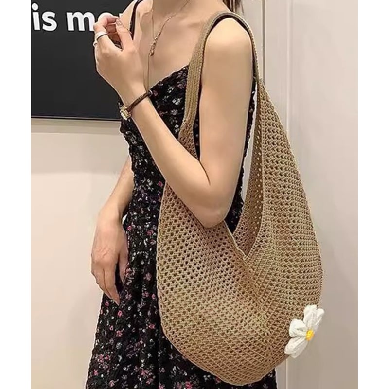 軽量花モチーフ付き編みトートバッグ | Bagoodtimeshop