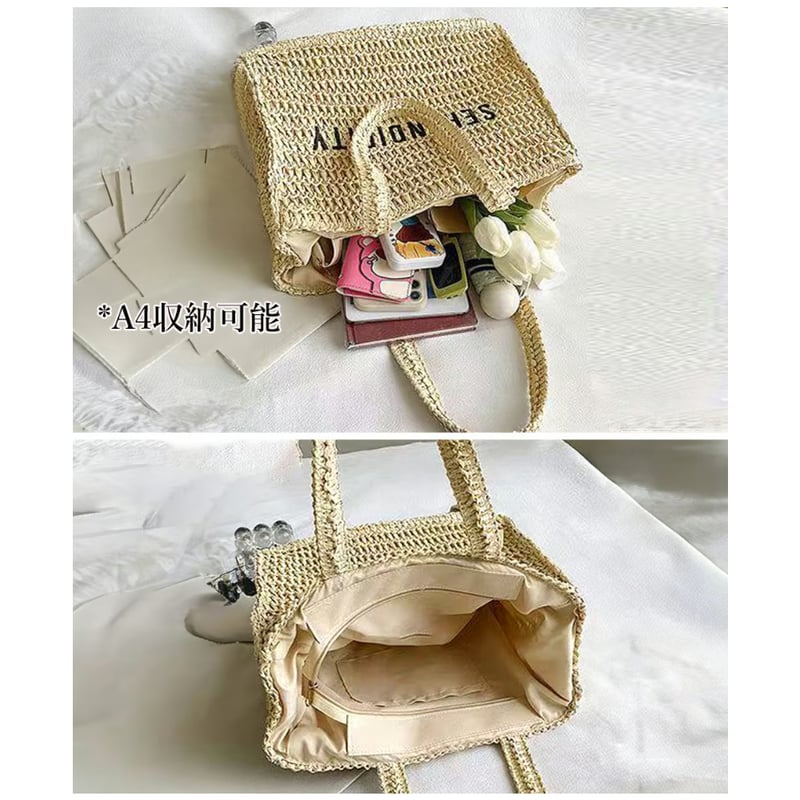 ベージュ ストロー トートバッグ タッセル付き ベージュ ストロー トートバッグ タッセル付き